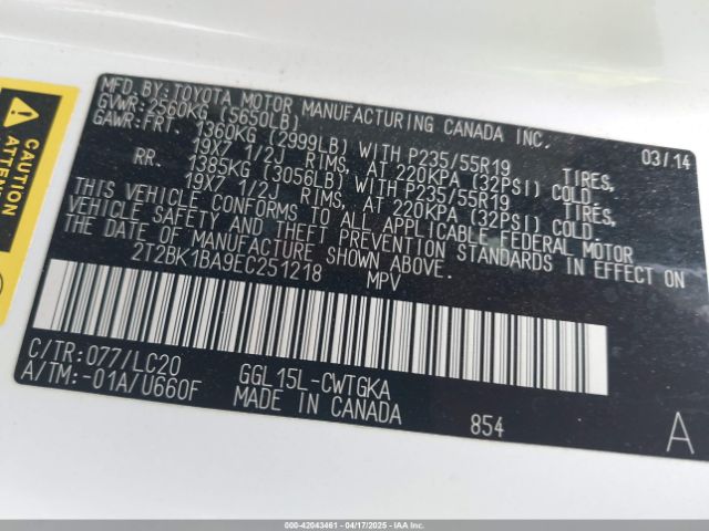 2T2BK1BA9EC251218 Lexus RX 350