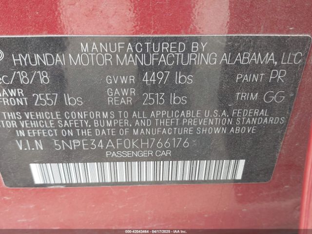 5NPE34AF0KH766176 Hyundai gdi theta-ii