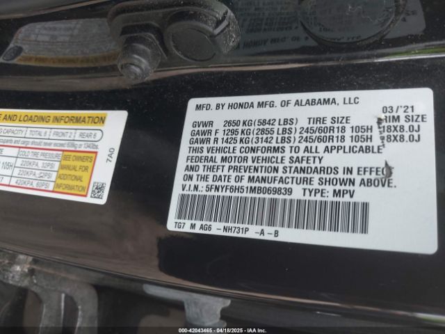 5FNYF6H51MB069839 Honda Pilot Awd Ex-l