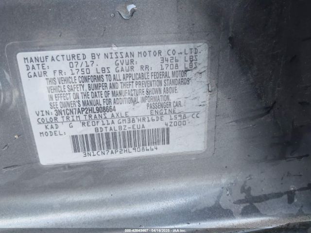 3N1CN7AP2HL908664 Nissan Versa 1.6 Sv