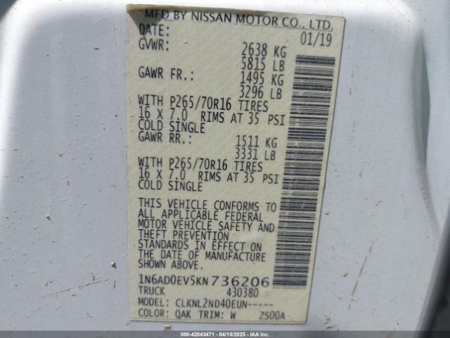 1N6AD0EV5KN736206 Nissan Frontier Sv