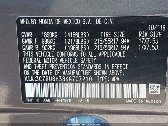 3CZRU6H38KG707210 Honda HR-V LX