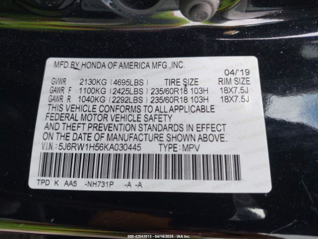 5J6RW1H56KA030445 Honda CR-V EX