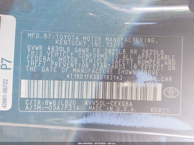 4T1BD1FKXGU183143 Toyota Camry Hybrid Xle