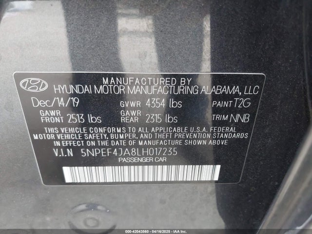 5NPEF4JA8LH017235 Hyundai SONATA SEL