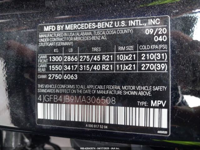 4JGFB4JB9MA306508 Mercedes-Benz GLE 350