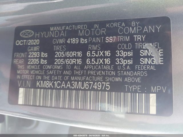 KM8K1CAA3MU674975 Hyundai Kona Se