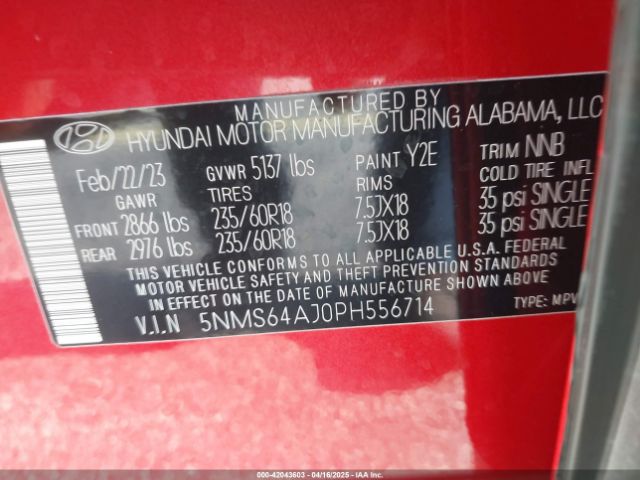 5NMS64AJ0PH556714 Hyundai Santa Fe Xrt