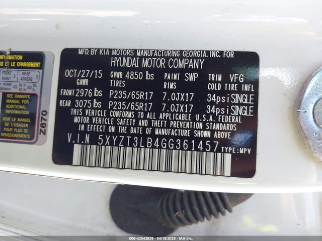5XYZT3LB4GG361457 Hyundai Santa Fe Sport 2.4l