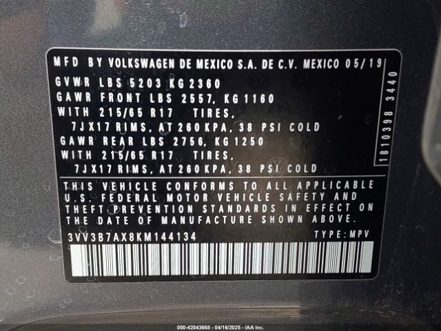 3VV3B7AX8KM144134 Volkswagen Tiguan 2.0t Se/2.0t Sel/2.0t Sel R-line/2.0t Sel R-line Black