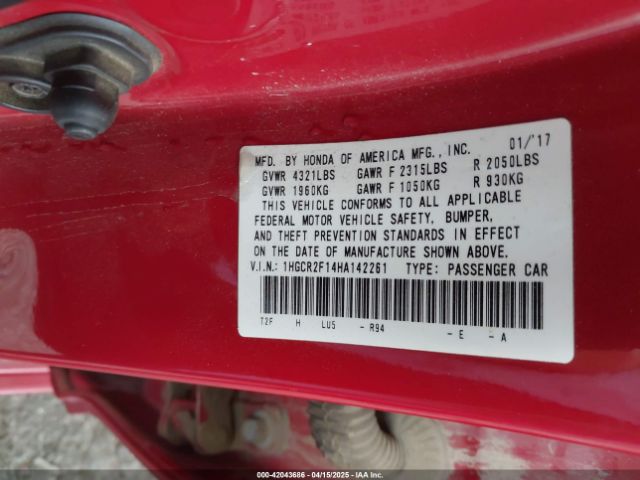 1HGCR2F14HA142261 Honda Accord Sport Se