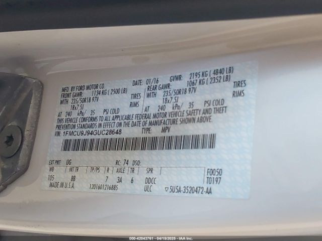 1FMCU9J94GUC28648 Ford Escape Titanium