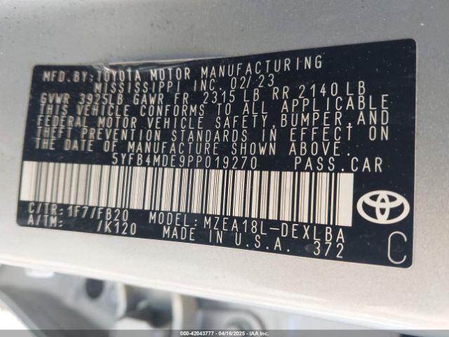 5YFB4MDE9PP019270 Toyota COROLLA LE