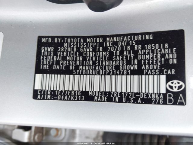5YFBURHE0FP314781 Toyota 2zr-fe