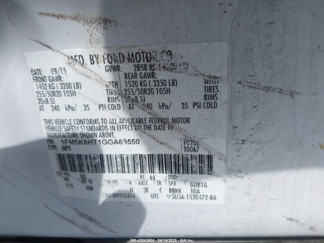 1FM5K8HT1GGA69550 Ford Explorer Platinum