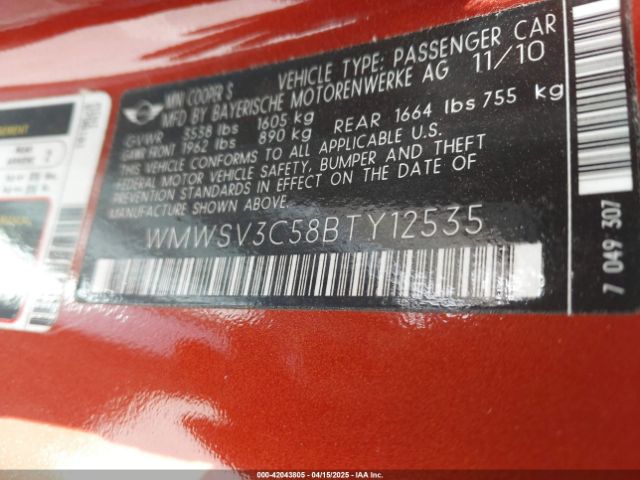 2011 MINI COOPER S WMWSV3C58BTY12535 Photo 8