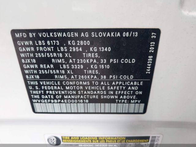 WVGEF9BP4ED001618 Volkswagen Touareg 3.6l Sport