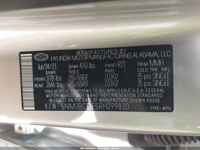 5NMJBCDE5RH299830 Hyundai TUCSON SEL