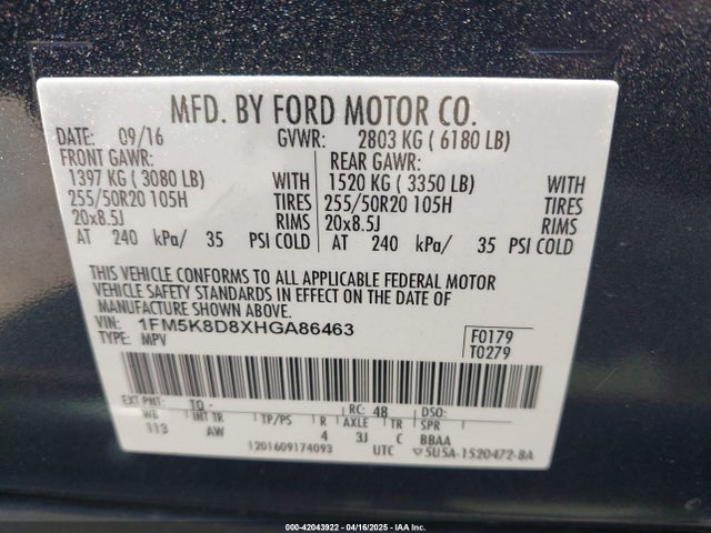1FM5K8D8XHGA86463 Ford EXPLORER XLT