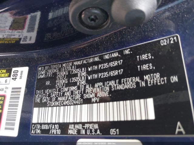 5TDKRKEC4MS024401 Toyota SIENNA LE