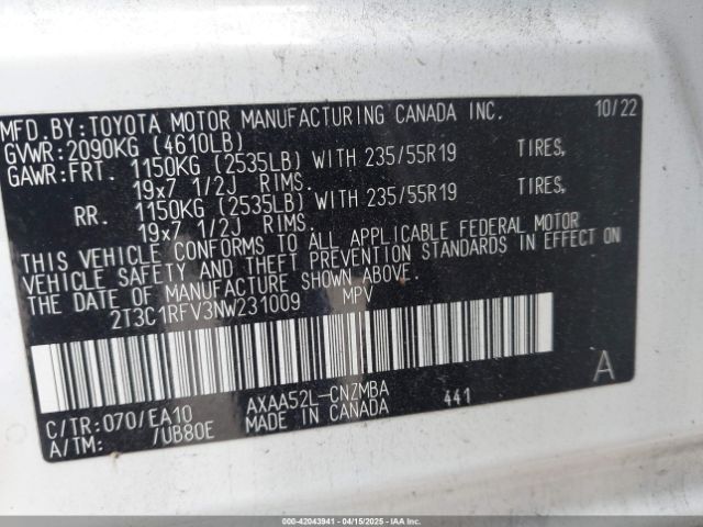 2T3C1RFV3NW231009 Toyota Rav4 Xle Premium