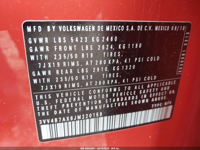 3VV4B7AX6JM220159 Volkswagen Tiguan 2.0t Sel Premium