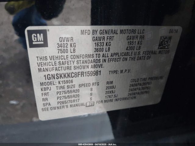 1GNSKKKC8FR159981 Chevrolet Suburban 1500 Ltz