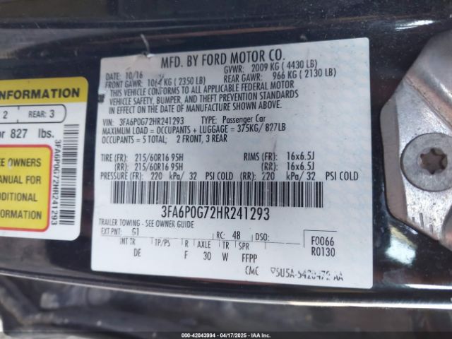 3FA6P0G72HR241293 Ford FUSION S
