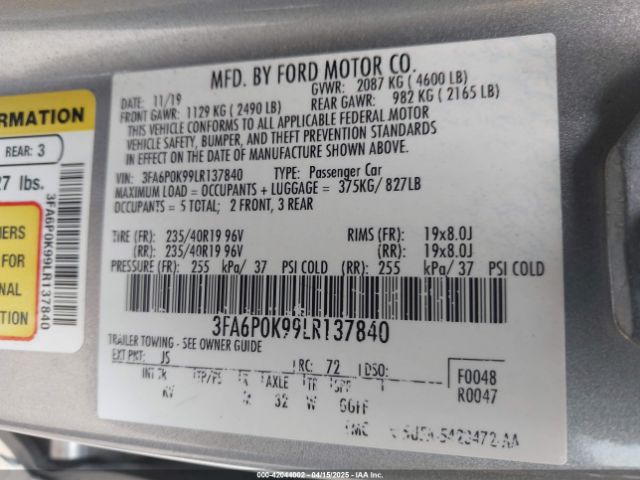 3FA6P0K99LR137840 Ford 2.0l gtdi