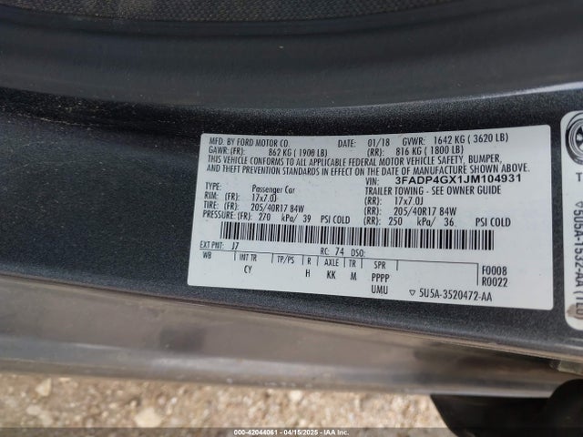 3FADP4GX1JM104931 Ford 1.6l gtdi prem. fuel