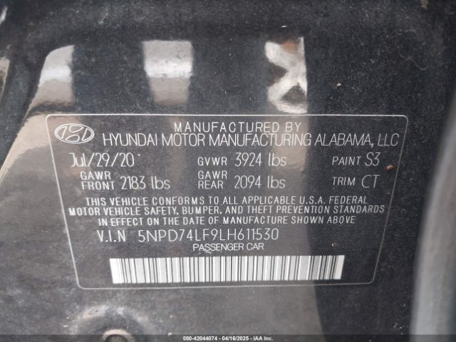 5NPD74LF9LH611530 Hyundai ELANTRA SE