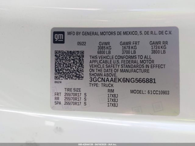 3GCNAAEK6NG566881 Chevrolet Silverado 1500 2wd  Long Bed Wt
