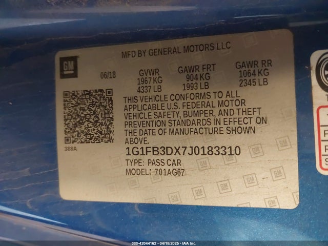 1G1FB3DX7J0183310 Chevrolet Camaro 1lt