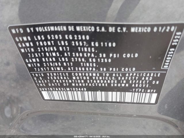 3VV1B7AX3LM103449 Volkswagen Tiguan 2.0t S
