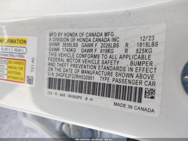 2HGFE2F22RH530951 Honda Civic Lx