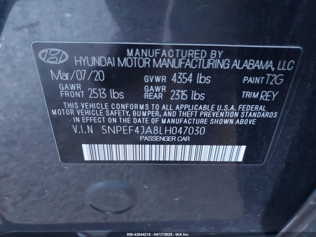5NPEF4JA8LH047030 Hyundai SONATA SEL