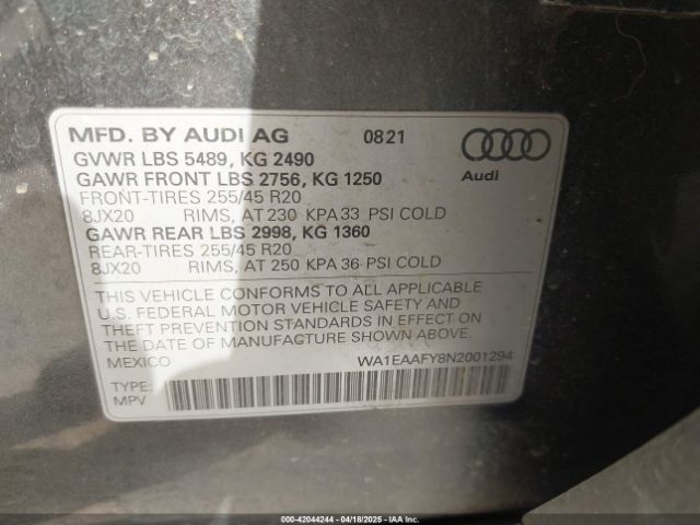 2022 AUDI Q5 WA1EAAFY8N2001294 Photo 8