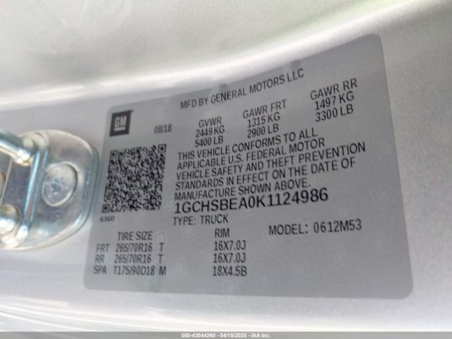 1GCHSBEA0K1124986 Chevrolet Colorado Wt