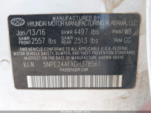 5NPE24AFXGH378561 Hyundai SONATA SE