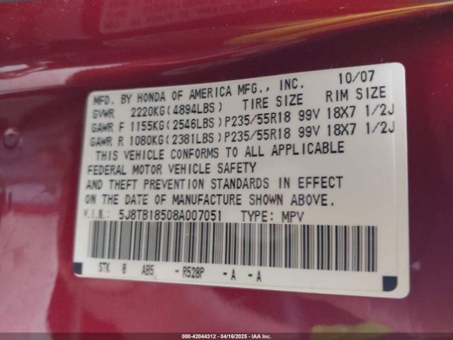 2008 ACURA RDX 5J8TB18508A007051 Photo 8