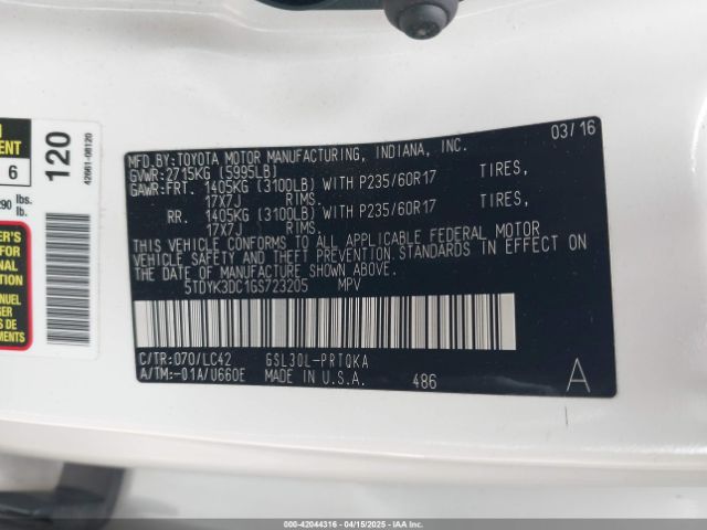 5TDYK3DC1GS723205 Toyota Sienna Xle Premium 8 Passenger