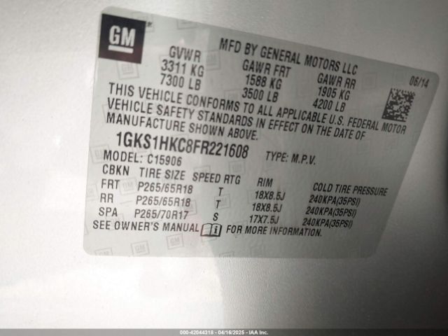 1GKS1HKC8FR221608 GMC Yukon Xl 1500 Slt