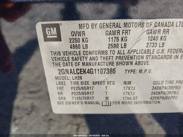 2GNALCEK4G1107386 Chevrolet EQUINOX LT
