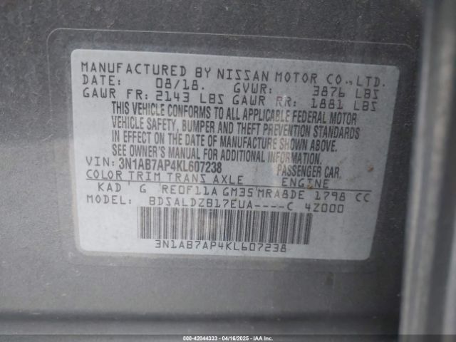 3N1AB7AP4KL607238 Nissan SENTRA SV