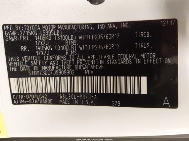 5TDYZ3DC7JS909902 Toyota Sienna Xle 8 Passenger