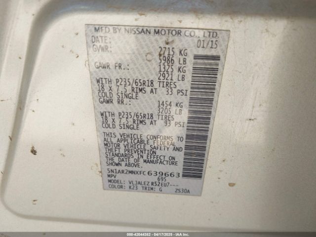 5N1AR2MNXFC639663 Nissan Pathfinder Platinum/s/sl/sv