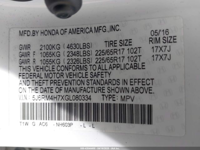 5J6RM4H7XGL080334 Honda Cr-v Ex-l