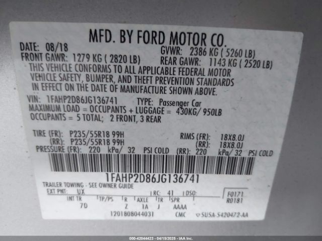 1FAHP2D86JG136741 Ford TAURUS SE