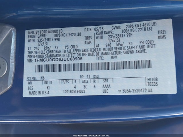 1FMCU0GD6JUC60905 Ford ESCAPE SE