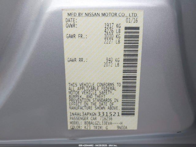 1N4AL3APXGN331521 Nissan Altima 2.5 S